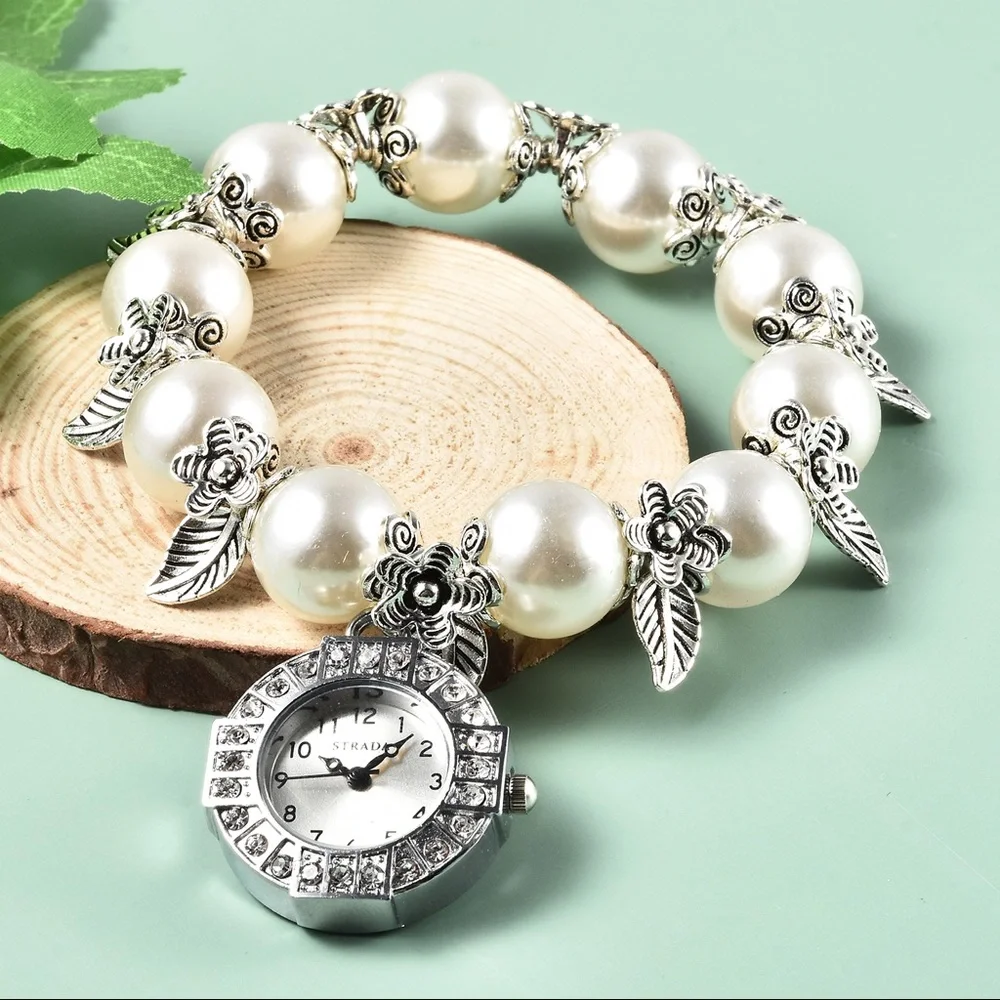 White Simulated Pearl Stretch Bracelet Watch